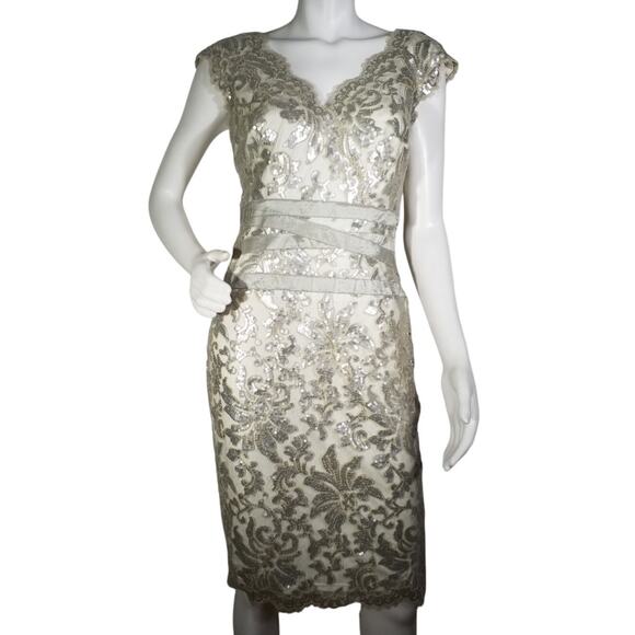 Tadashi Shoji Lace Sheath Cocktail Dress Ivory Gold Size 8 Preowned - Picture 1 of 6